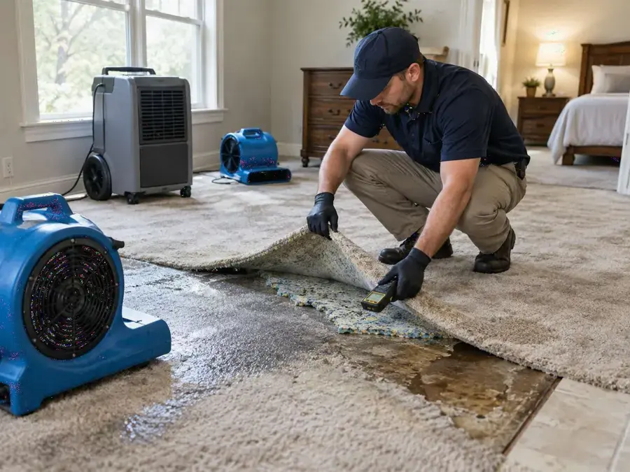 Restoration technician lifting wet carpet beside air movers and a dehumidifier in a Columbia, MD home