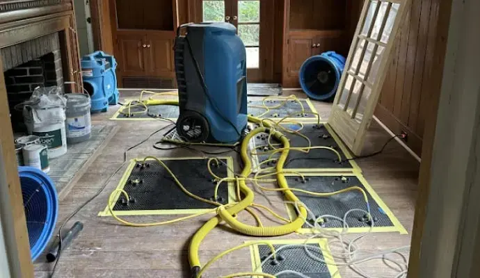 Drying mats and a dehumidifier drying a hardwood floor after water damage in Columbia, MD