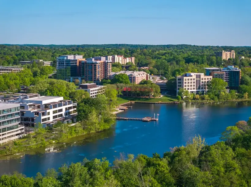 Lake Kittamaqundi and Town Center in Columbia, MD from above